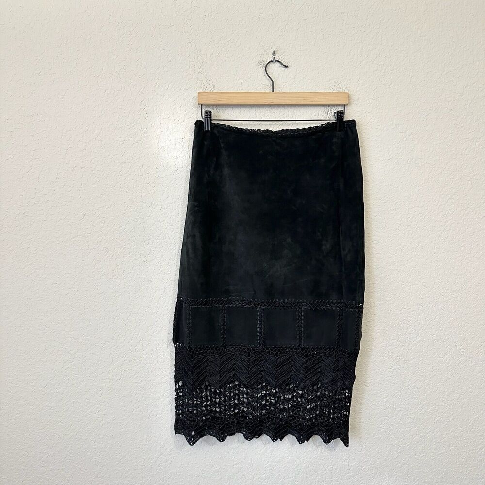 SAO PAULO Suede Midi Skirt Black Crochet Trim Retro Gothic 90s